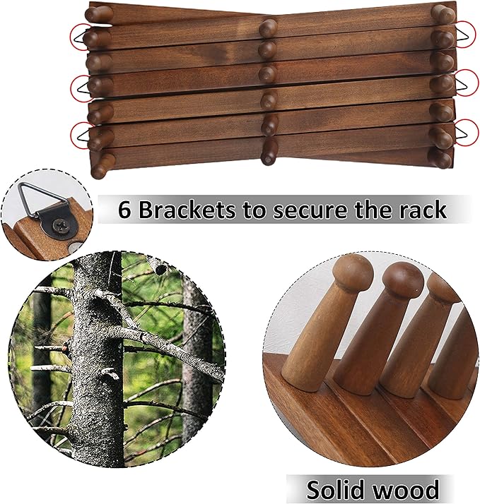 WEBI Accordion Wall Hanger,Expandable Wooden Coat Rack Wall Mounted,Accordion Hat Rack for Wall,Accordion Hook Rack for Hats,Caps,20 Peg Hooks,Walnut Color