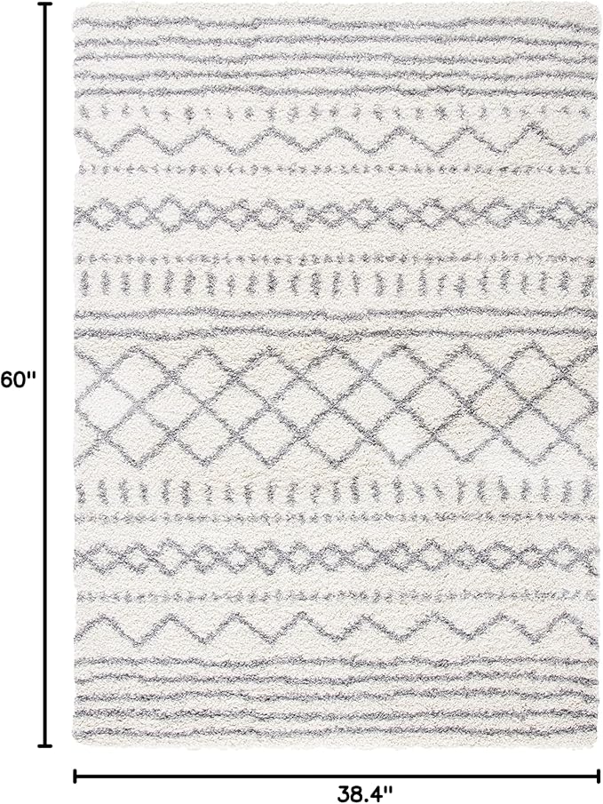 SAFAVIEH Arizona Shag Collection Accent Rug - 3'2" x 5', Ivory & Grey, Moroccan Design, Non-Shedding & Easy Care, 1.6-inch Thick Ideal for High Traffic Areas in Foyer, Living Room, Bedroom (ASG741F)