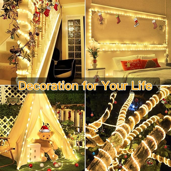 Ollny Rope Lights 33FT 100 LED, USB Power Warm White String Lights with Remote, 8 Modes IP68 Waterproof Timer Christmas Lights for Bedroom Indoor Wall Party Wedding Decor