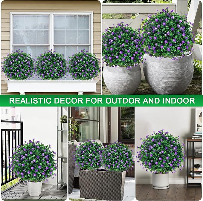 Artificial Purple Flower Boxwood Topiary Ball Trees,2 Set of 16'' UV Resistant Fake Evergreen Shrubs Bushes Plants with Ground Spike, Fake Plants for Outdoor Indoor Front Porch Garden