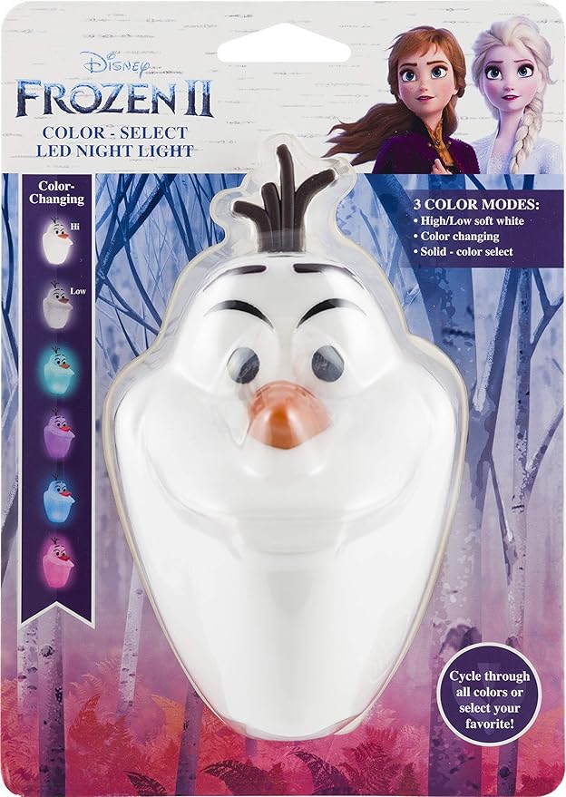 Disney Frozen Olaf Color-Changing LED Night Light, Plug-in, Dusk-to-Dawn Sensor, High/Low White, Collectors Edition, UL-Listed, Ideal for Bedroom, Nursery, Bathroom, 46693