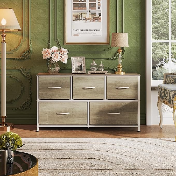 WLIVE Dresser for Bedroom with 5 Drawers, Wide Chest of Drawers, Fabric Dresser, Storage Organizer Unit with Fabric Bins for Closet, Living Room, Hallway, Greige Oak