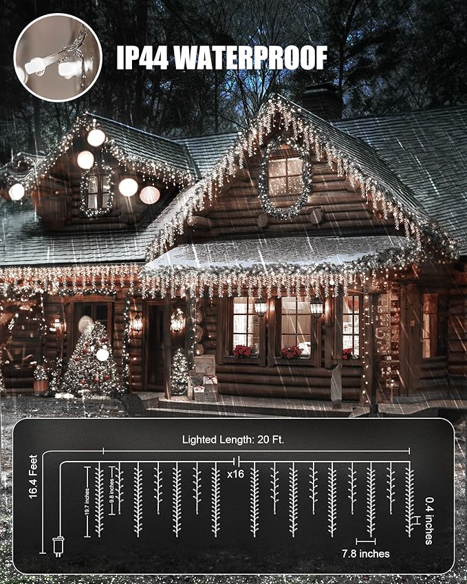 Brightown Cluster Icicle Lights for Outside, 20Ft 1125 LED Christmas Lights Outdoor with 30 Drops, Icicle Christmas Light with Timer Function for House Roofline, Pure White