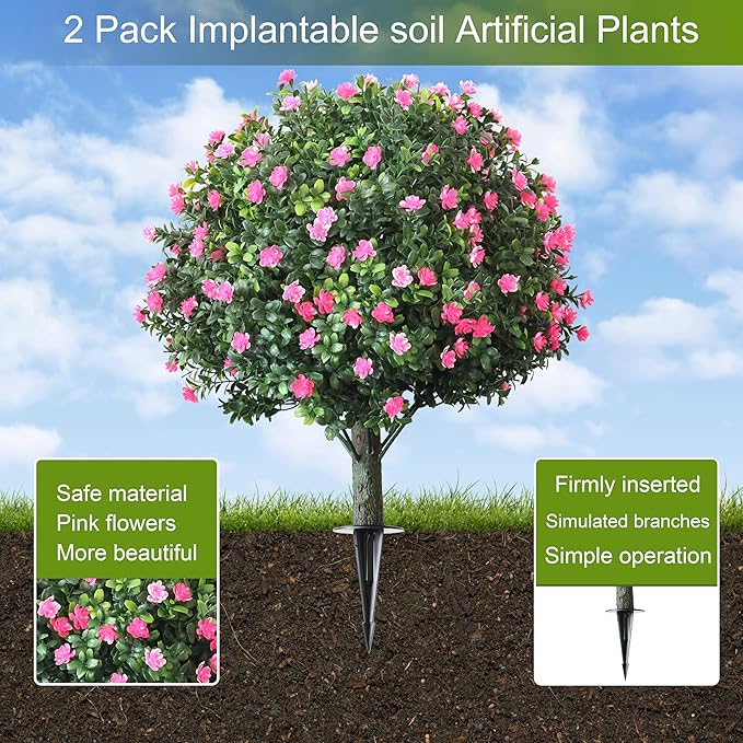 2-Pack Artificial Boxwood Topiary Ball Plant with Pink Flowers, Ground Stake, UV-Resistant Outdoor & Indoor Decorative Flowers