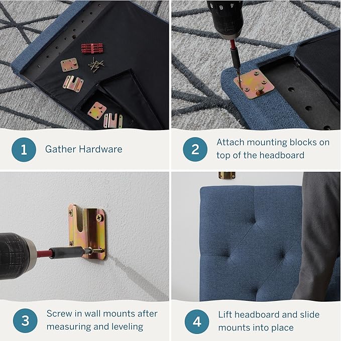 Lucid Mid-Rise Upholstered Headboard - Diamond Tufted - Padded Polyester - Adjustable Height from 34” to 46” - Easy Assembly - Bed Frame or Wall Mount - Sturdy - Cobalt - Queen Size