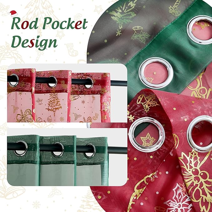 NICETOWN 4 Pieces Christmas Curtain Bundle, 2 Pieces W29xL84 Green Sheer Curtains & 2 Pieces W40xL84 Gold - Foil Stamped Drapes, Elevate Your Holiday Decor