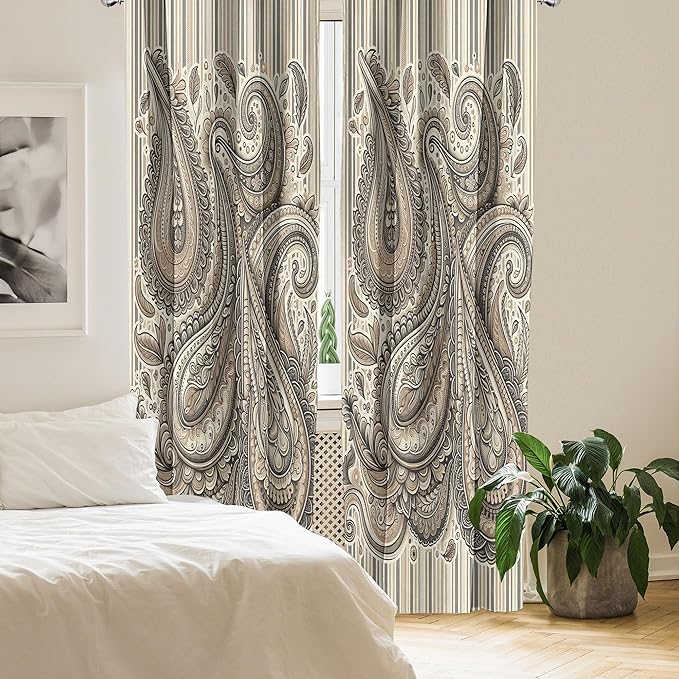 Ambesonne Paisley Window Curtains Pack of 2, Delicate Bohemian Leafy Motives on Stripes in Neutral Muted Colors, Lightweight Set with Rod Pocket, 4 Panels of - 28" x 63", Warm Taupe Ivory and Sepia