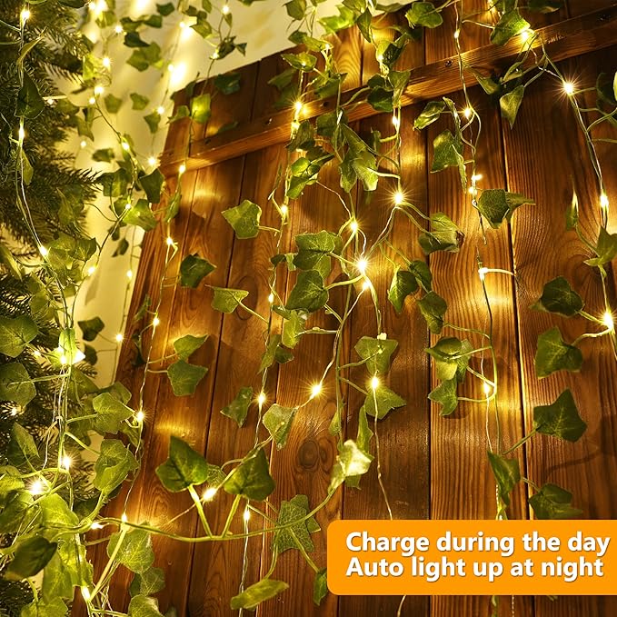 Brizled Solar Vine String Lights, 33ft 100 LED Solar String Lights, 8 Modes Artificial Ivy Leaf Solar Plant Vine Lights, Outdoor Ivy Fairy Lights for Outside Wedding Garden Fence Wall Hanging Decor