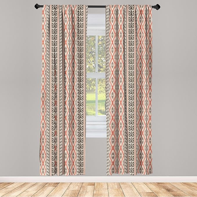 Ambesonne Southwestern Window Curtains Pack of 2, Traditional Vertical Borders Inspired by Prehistoric Art Ikat Style, Lightweight Set with Rod Pocket, 4 Panels of - 28" x 95", Brown Coral