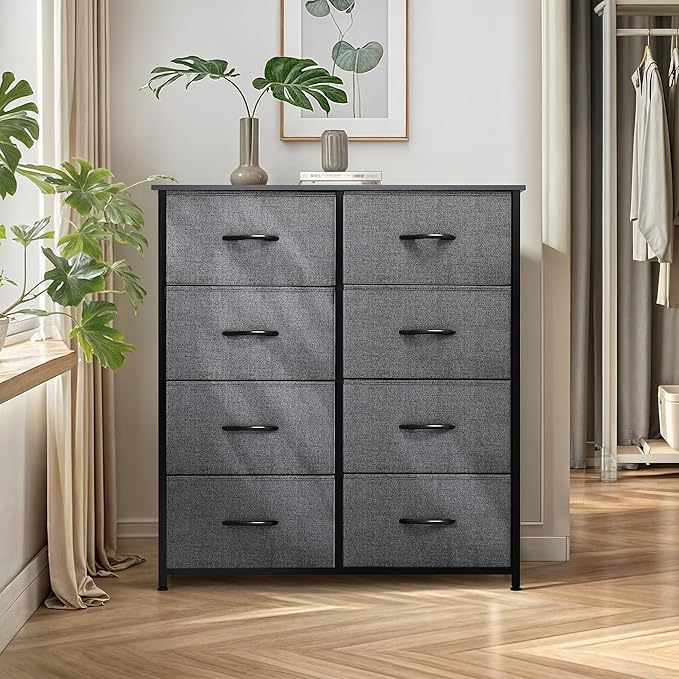YITAHOME Dresser for Bedroom, Double Dresser with 8 Drawers, Storage Tower with Fabric Bins, Chest of Drawers for Closet & Living Room (Black Wood Grain)