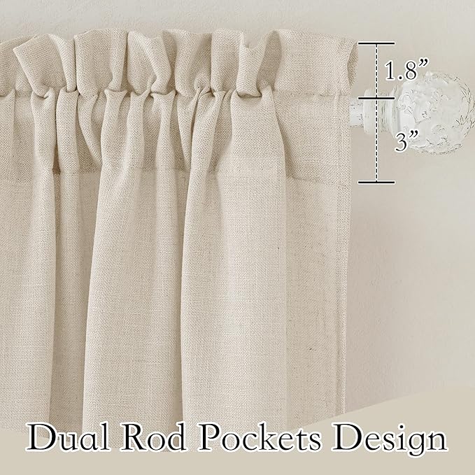 RYB HOME Semi Sheer Curtains 63 inches Long, Half Privacy Linen Textured Living Room Bedroom Curtains, Farmhouse Boho Curtains for Kitchen, Beige, W 52 x L 63 inch Long, 1 Pair