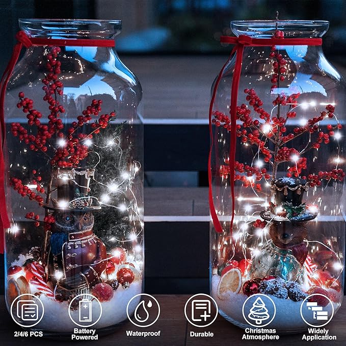 2 Pack Christmas Fairy Lights Battery Operated, 16.4Ft 50 LEDs Silver Copper Wire Twinkle Lights with 2 Lighting Modes for Christmas Bedroom Indoor Outdoor Wedding Holiday Decor(Cool White)