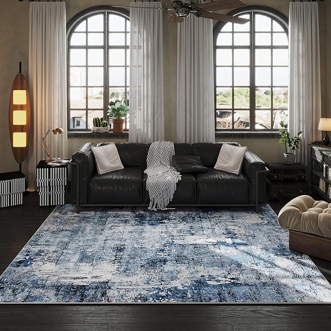 6x9 Rug Washable Bedroom Rug Large Boho Rug Soft Area Rug Abstract Pattern Non-Slip Non-Shedding Faux Wool Vintage Rug for Living Room, Farmhouse, Dining Room, Kids Playroom, Blue