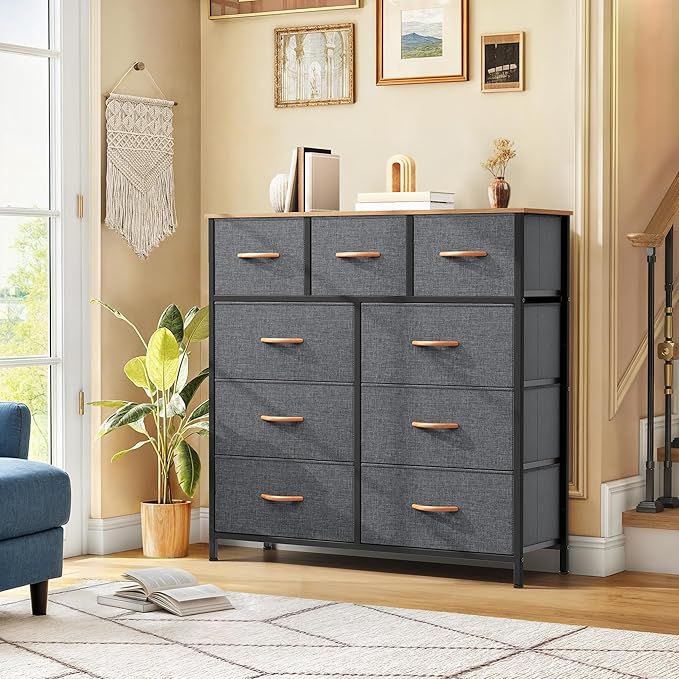 DWVO Dresser with 9 Drawers, Fabric Storage Dresser, Chest of Drawers, Storage Tower Organizer Unit for Living Room, Closets(Dark Grey)