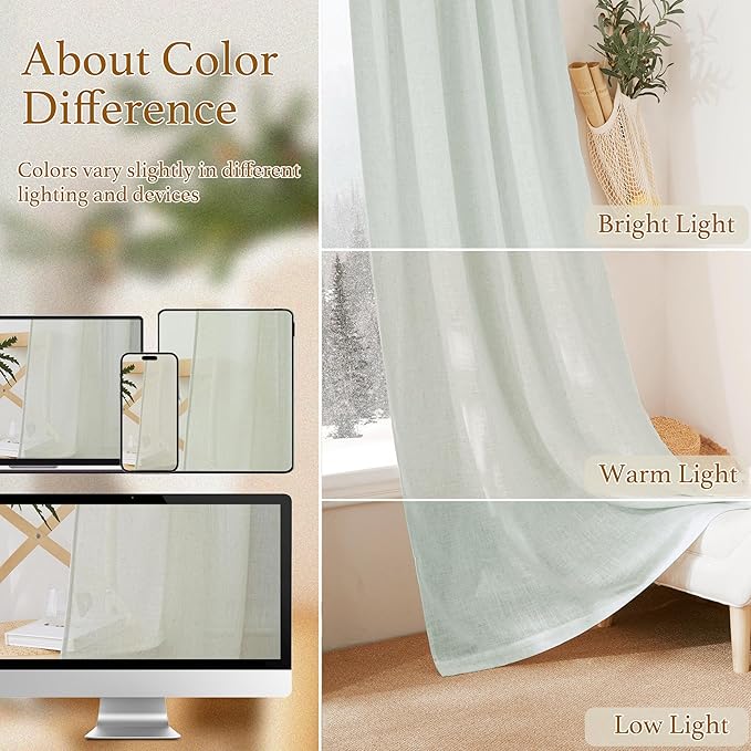 RYB HOME Semi Sheer Curtains for Closet Kitchen, Semi Translucent Privacy Protection Light Filtering Decorative Short Small Window Drapes for Bedroom, W 52 x L 45 inches, Sage Green, 2 Panels