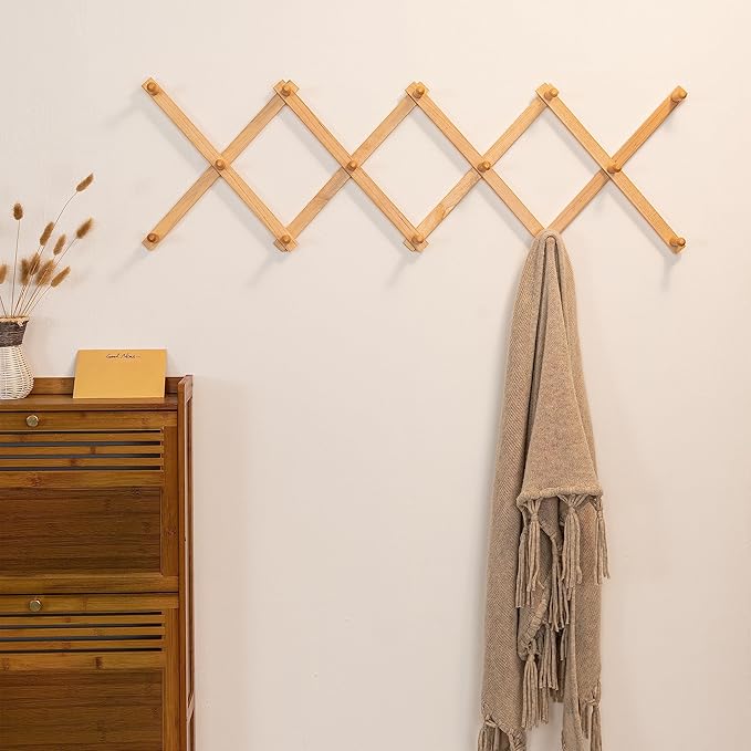 SKOLOO Hat Rack for Wall with 14 Hooks, Solid Wooden, Modern, Expandable Coat Rack Wall Mount for Coats, Hats, Bags, Baseball Caps, Natural Color