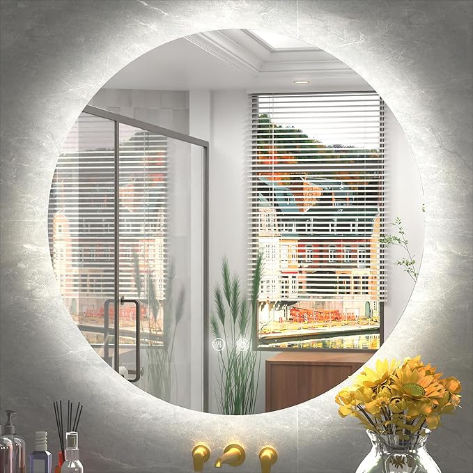 36 Inch Round LED Mirror, Backlit Bathroom Mirror with Lighted, Large Circle Vanity for Wall, Dimmable, Built-in Defoggers, 3000K/4500K/6000K
