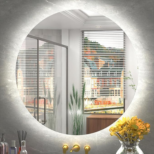 36 Inch Round LED Mirror, Backlit Bathroom Mirror with Lighted, Large Circle Vanity for Wall, Dimmable, Built-in Defoggers, 3000K/4500K/6000K