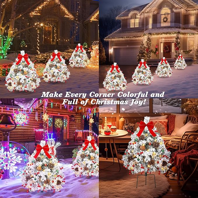 Lewondr Set of 2 Prelit Pathway Christmas Trees, 27.56" Outdoor Christmas Tree with 50 LED Lights, Pine Cones Red Berries, Battery Operated Outdoor Xmas Decor for Yard Home Porch, White Snowflake