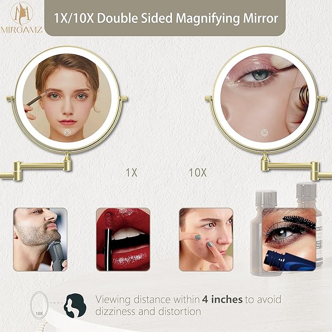 Rechargeable Wall Mounted Lighted Makeup Vanity Mirror 8 Inch Double Sided 1X 10X Magnifying Bathroom Mirror, 3 Color Lighting, Touch Screen Dimming, 360 Rotation Shaving Mirror Gold