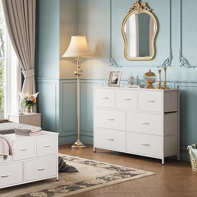 WLIVE 7 Drawer Dresser TV Stand, Dressers for Bedroom, Fabric Storage Tower, Hallway, Entryway, Closets, Sturdy Steel Frame, Wood Top, Easy Pull Handle, White