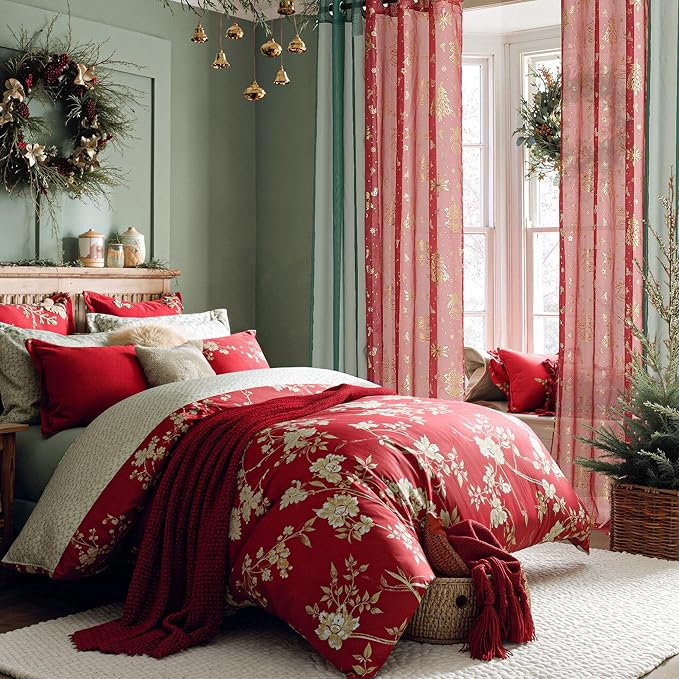 NICETOWN Christmas Window Curtains Set, 2 Pcs W29xL96 Green Sheer + 2 Pcs W40xL96 Gold Foil Stamped for Christmas Home Decoration