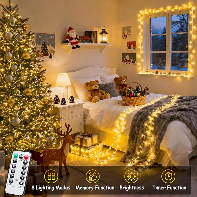 JMEXSUSS 2 Pack Battery Operated Christmas Lights with Remote, Total 66ft 200 LED Battery String Lights Outdoor Indoor, Warm White Twinkle Light for Christmas Tree Bedroom Porch Garland Yard Car Decor