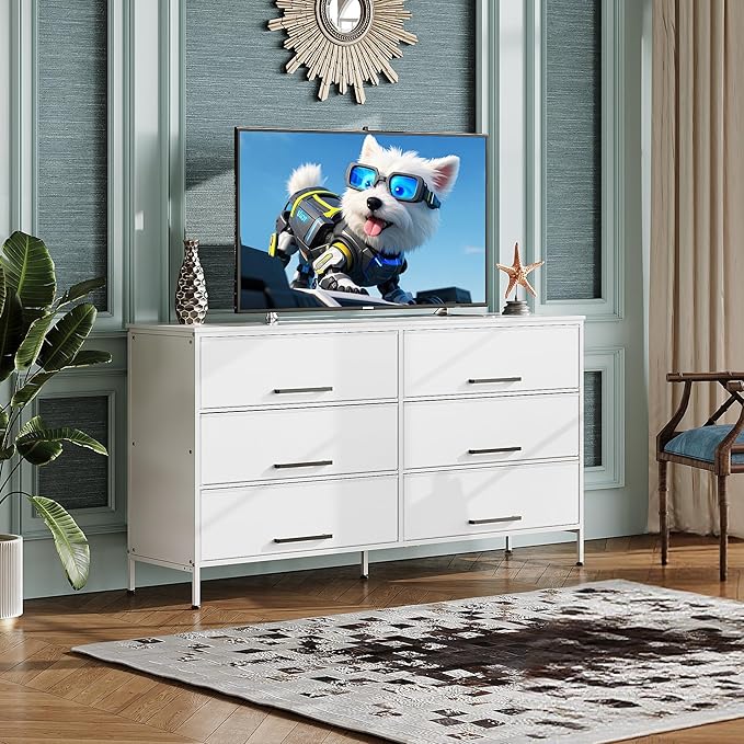 WLIVE White TV Stand for 60, 65, 70 inch TV, Large Entertainment Center with 6 Fabric Drawer, TV Media Console Table with Wood Top, Adjustable Feet for Living Room,