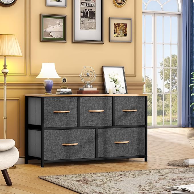 DWVO Dresser for Room with 5 Drawers - Fabric Storage Tower, Long Fabric Dresser, Organizer Unit for Closet, Hallway