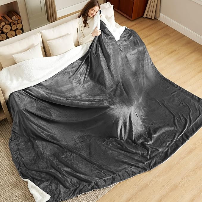 Bedsure GentleSoft Sherpa Fleece Oversized Cal King Blankets for Bed - Thick and Warm Throw for Women and Men, Soft Fuzzy Plush Large Blanket for Winter, Charcoal, 112x98 Inches