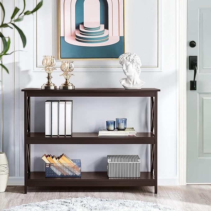 Yaheetech Console Table with 3 Storage Shelves, 3-Tier Entryway Table, Sofa Side Narrow Long Bookshelf for Hallway Living Room, Accent Furniture, Espresso