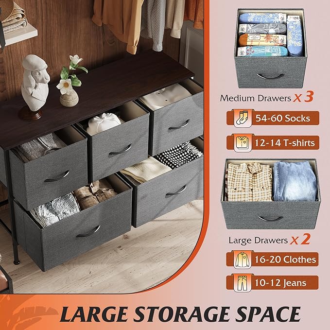 WLIVE Dresser for Bedroom with 5 Drawers, Long Storage Tower Organizer Unit, Fabric Dresser, Storage Drawer Unit with Fabric Bins for Closet, Hallway, Dark Grey, Size L
