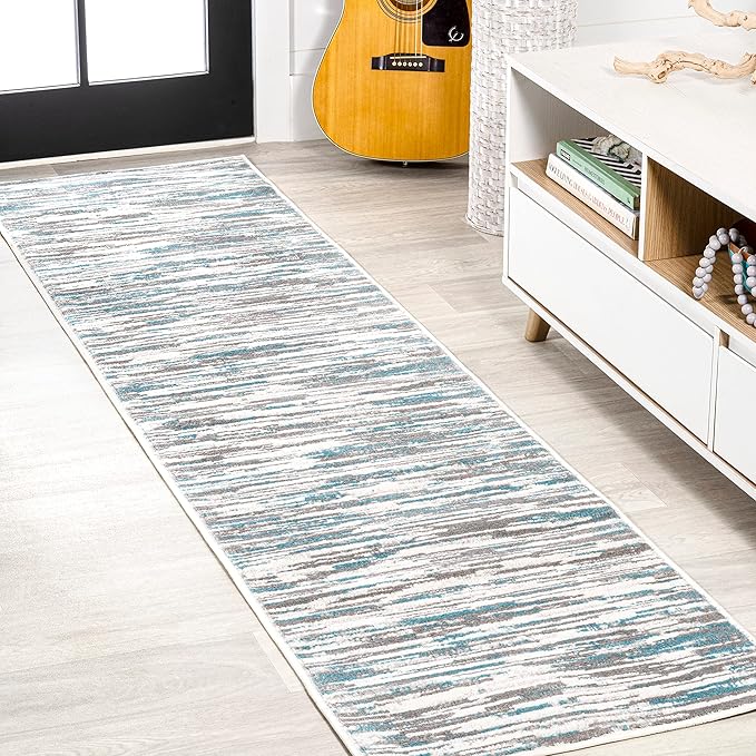 JONATHAN Y Speer Abstract Linear Stripe Gray/Blue Runner Rug, 2x8, Contemporary, Rustic, Easy-Cleaning for Living Room, Bedroom, Kitchen, Pet Friendly, Non-Shedding (LUX106A-28)