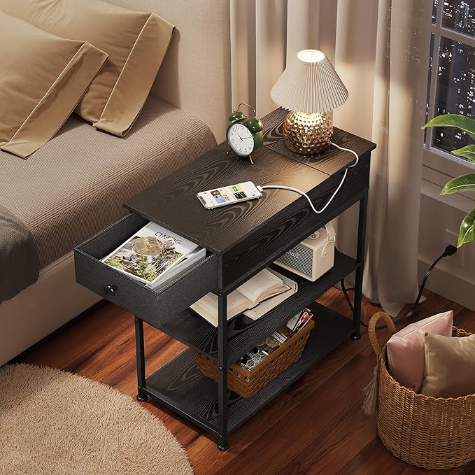 WLIVE Narrow Side Table with 2 USB Ports and 2 Outlets, Flip Top End Table with Drawer and Storage Shelves, Small Nightstand with Charging Station for Living Room/Bedroom, Black