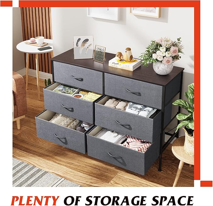 WLIVE Dresser for Bedroom with 6 Drawers, Wide Fabric Dresser TV Stand for 50 Inches TV with Metal Frame, Wooden Top, Fabric Storage Organizer for Livingroom, Hallway, Dark Gray