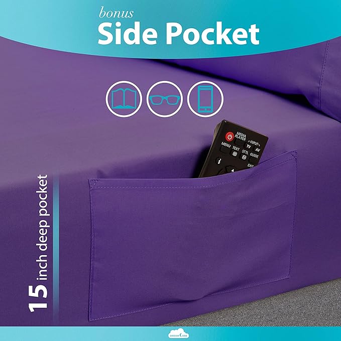 DREAMCARE Twin XL Sheet Sets – 3pcs Cooling Sheets – up to 15” Deep Pocket Twin XL Sheets Set – Hotel Luxury Sheets & Pillowcases – Superior Softness 100% Fine Microfiber with Side Pocket – Purple