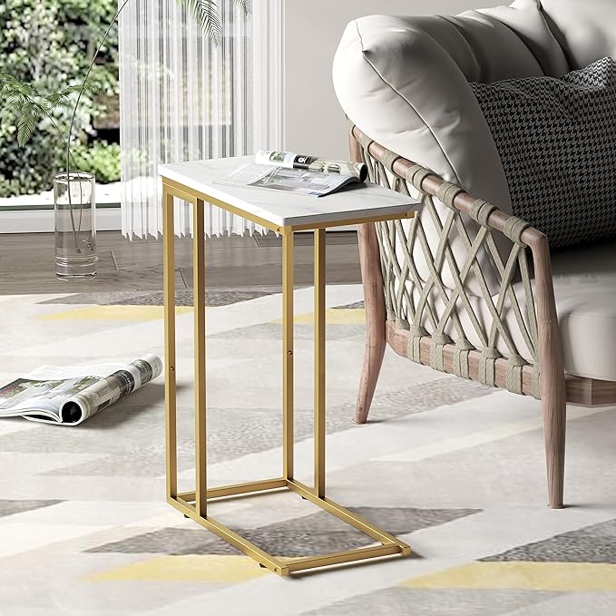 Yusong C Shaped End Table, Couch Side Table That Slide Under Sofa Bed, Small Table for Small Spaces, Skinny Overbed Table for Coffee Drink Snack, Living Room, Gold and White Marbled Wooden Top