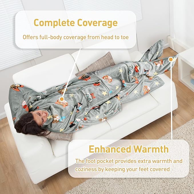 Catalonia Cat & Dog Print Wearable Blanket with Sleeves and Foot Pocket – Ultra-Soft Warm Fleece Long Throw Snuggly Blanket for Sleeping & TV Time – Cozy Christmas Gift for Women & Men