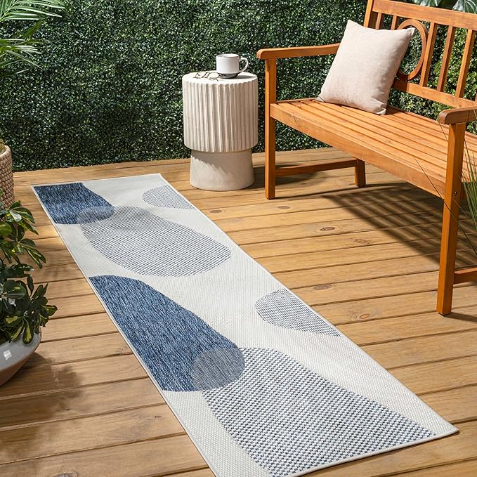 JONATHAN Y Geometric Organic Shapes Indoor Outdoor Runner Rug 2X8 Cream/Navy, Zia Modern for Backyard, Patio, Porch, Easy-Cleaning, High Traffic, Pet-Friendly, Non-Shedding (TSN306B-28)