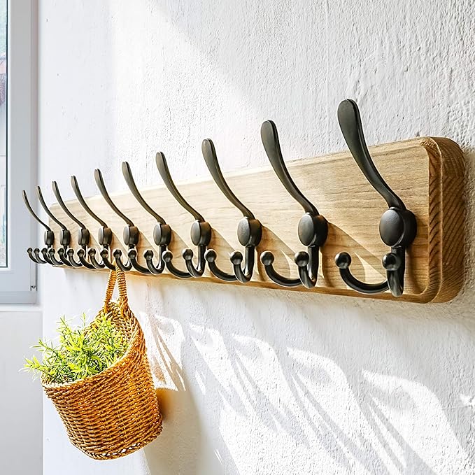 Dseap Coat Rack Wall - Heavy-Duty 38-1/4" Long, with Reinforced 10 Custom Tri-Hooks, Solid Wood Wall Hanger for Coats Hat Jackets - Rustic Farmhouse Entryway Storage,Weathered Brown & Black,Pack of 2