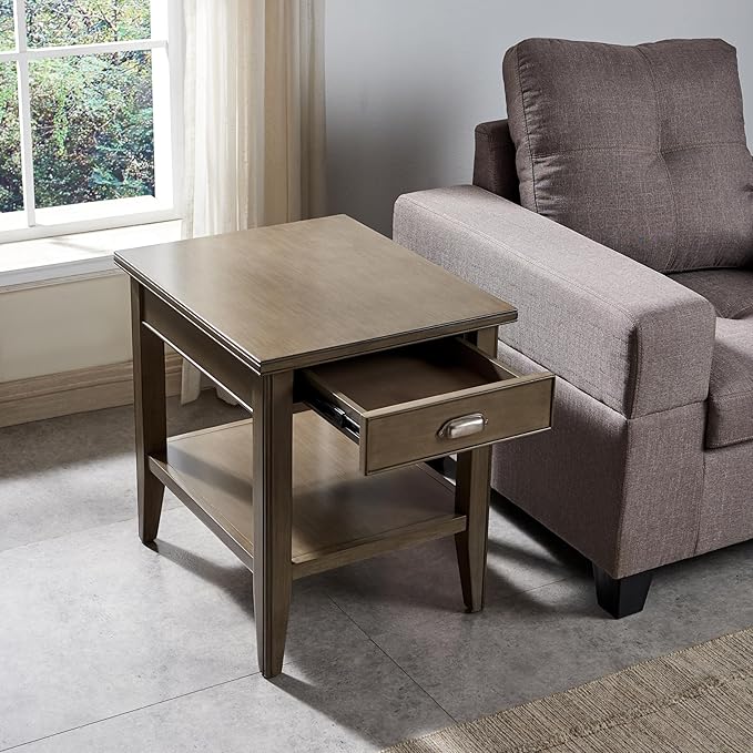 Laurent 20 in. Solid Wood End Table with Shelf and Drawer, Smoke Gray – Leick Home, 10507-GR