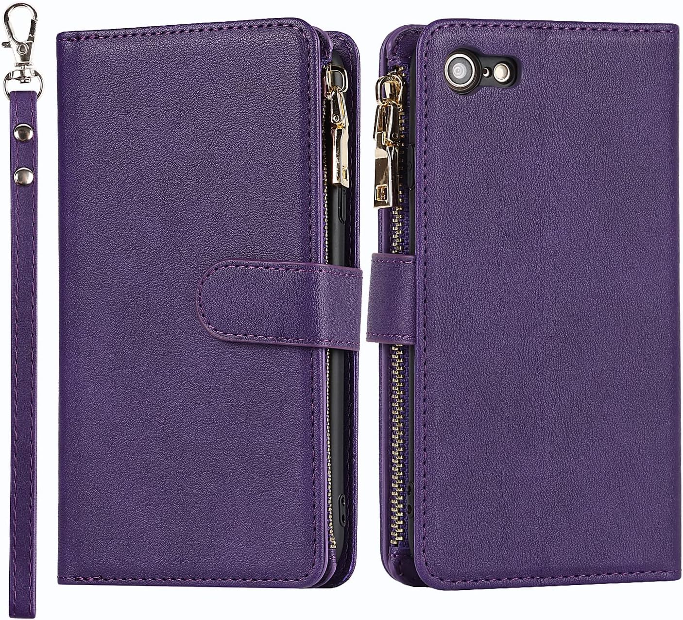 Jaorty Wallet Case for iPhone 7/8/iPhone SE 2nd 2020/iPhone SE 3rd 2022, 9 Card Slots, Zipper Cash Pocket, Purple