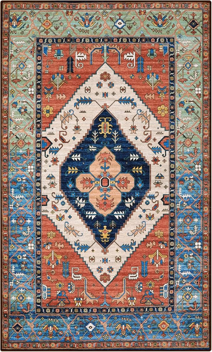 Lahome Boho 3x5 Washable Area Rugs, Small Non-Slip Bedroom Carpet Throw Low-Pile Rugs for Entryway Kitchen, Oriental Distressed Carpet for Bathroom Office Laundry Living Room, Rust