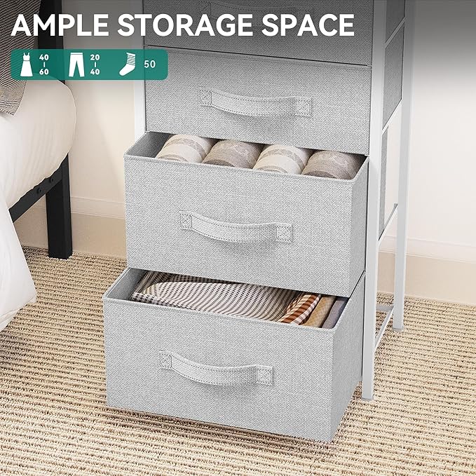 YITAHOME Tall 5 Drawer Dresser - Fabric Storage Tower, Organizer Unit for Bedroom, Living Room, Hallway, Closets - Sturdy Steel Frame, Wooden Top & Easy Pull Fabric Bins - Light Grey