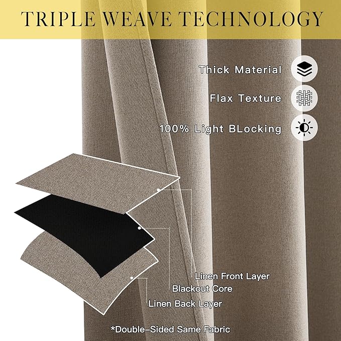 NICETOWN 100% Blackout Sound Reducing Divider Room Linen Curtain Panel, Camel, 100 inch per Panel, Energy Smart Thermal Insulated Drape for Shift Worker/Studio/Villa/Hall/Parlor