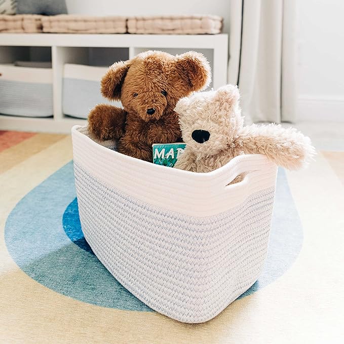 OrganiHaus White and Blue Basket | Coiled Rope Basket with Handles | Woven Basket for Storage | Nursery Storage Basket | Decorative Storage Basket | Towel Baskets for Bathroom | Baby Toy Basket