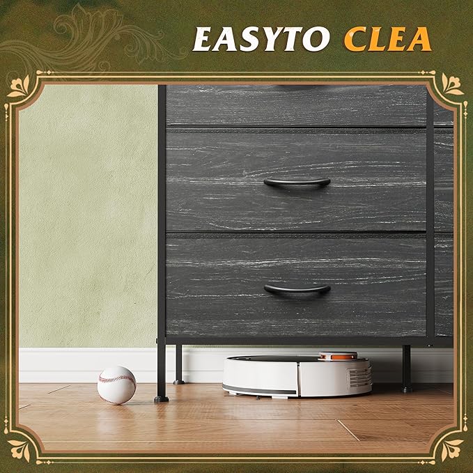 WLIVE 6 Drawer Dresser for Bedroom, Wide Fabric Dresser TV Stand for 50 Inches TV with Metal Frame, Wooden Top, Chest of Drawers, Dressers for Living Room, Hallway, Charcoal Black Wood Grain Print