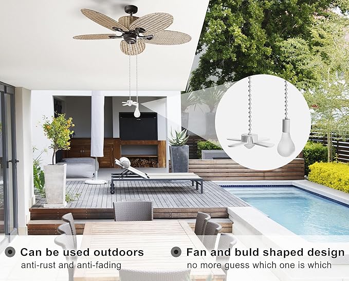 Ceiling Fan Pull Chain,Ceiling Fan Cords Ceiling Fan Chain Pulls with 2PCS 12inch Beaded Ball Extension Chains for Celing Fan Light and Wall Lamps, Cabinet Light (Light Bulb and Fan Shape), White