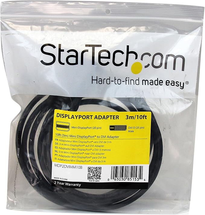 StarTech.com 10ft (3m) Mini DisplayPort to DVI Cable - Mini DP to DVI Adapter Cable - 1080p Video - Passive mDP 1.2 to DVI-D Single Link - mDP or Thunderbolt 1/2 Mac/PC to DVI Monitor (MDP2DVIMM10B)