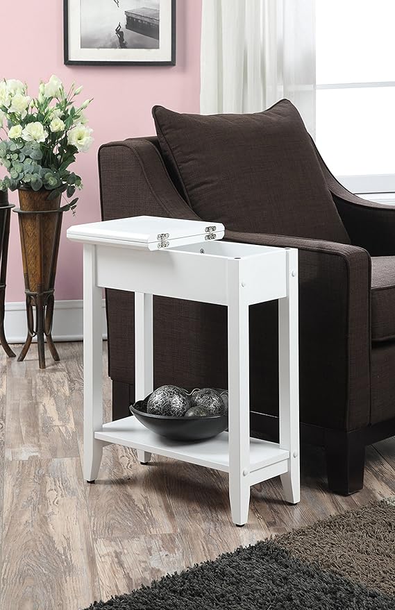 Convenience Concepts American Heritage Flip Top End Table 23.25" - Classic Narrow Chairside Accent with Hidden Storage & Lower Shelf for Traditional, Modern Living Room, White